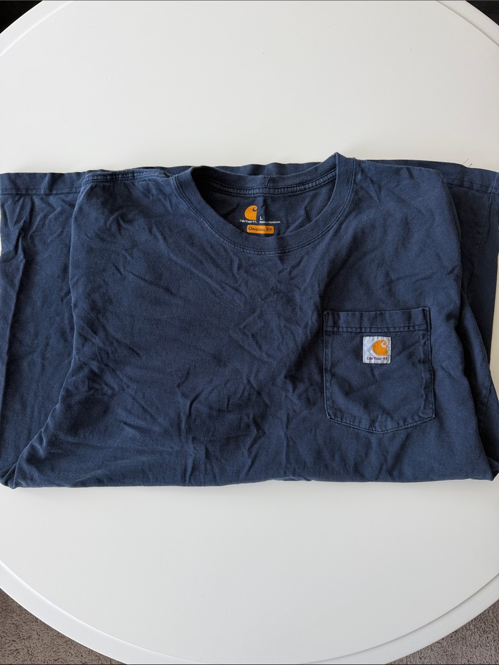 Carhartt Navy Short-Sleeve Pocket Tee with Orange Logo